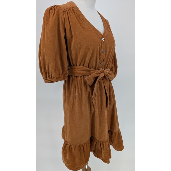 Lucky Brand Brown‎ Corduroy Ruffle Hem Mini Dress M Boho Cottage Indie Festival - Picture 4 of 14